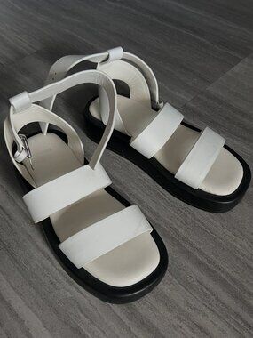 BOSS Hugo Boss White Leather Platform Sandals with Branded Buckle